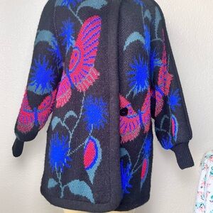 Vtg Neiman Marcus Black Cardigan/Coat with Vibrant Floral/Butterfly Design Sz M